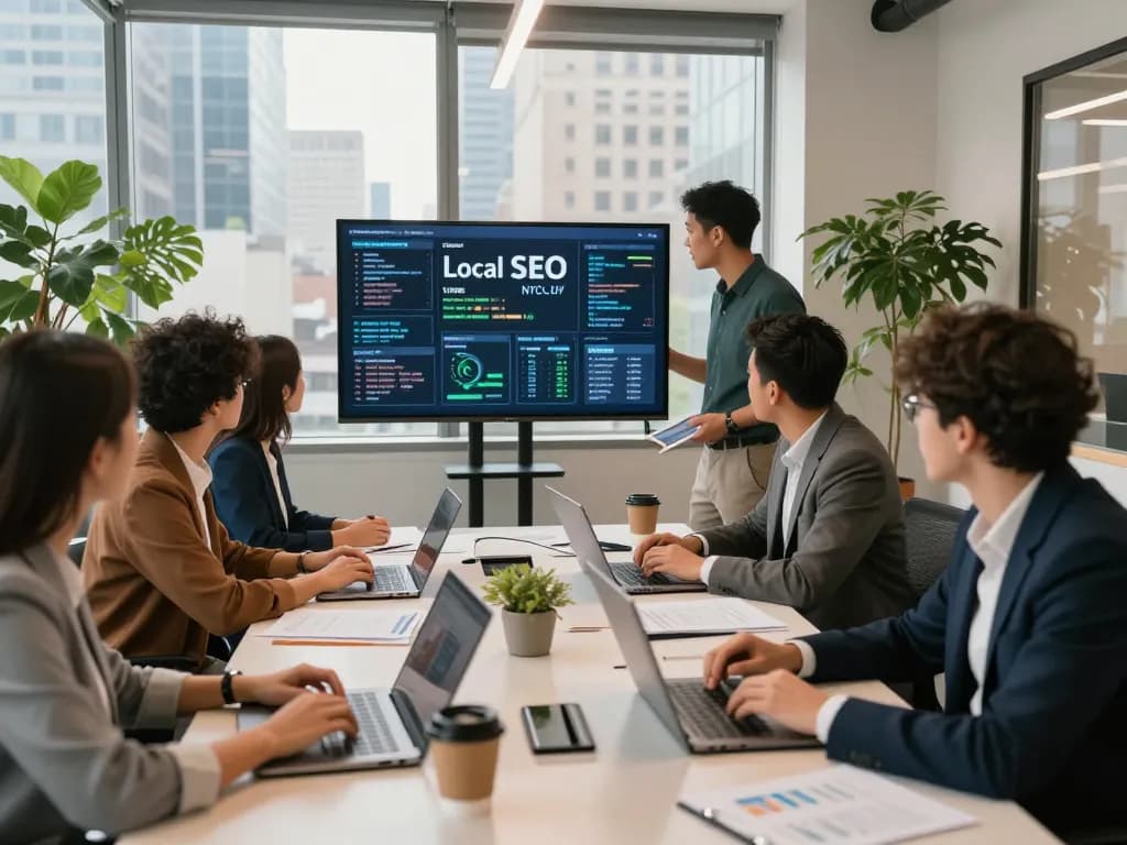 Collaboration on Local SEO NYC strategies in modern office with skyline views.