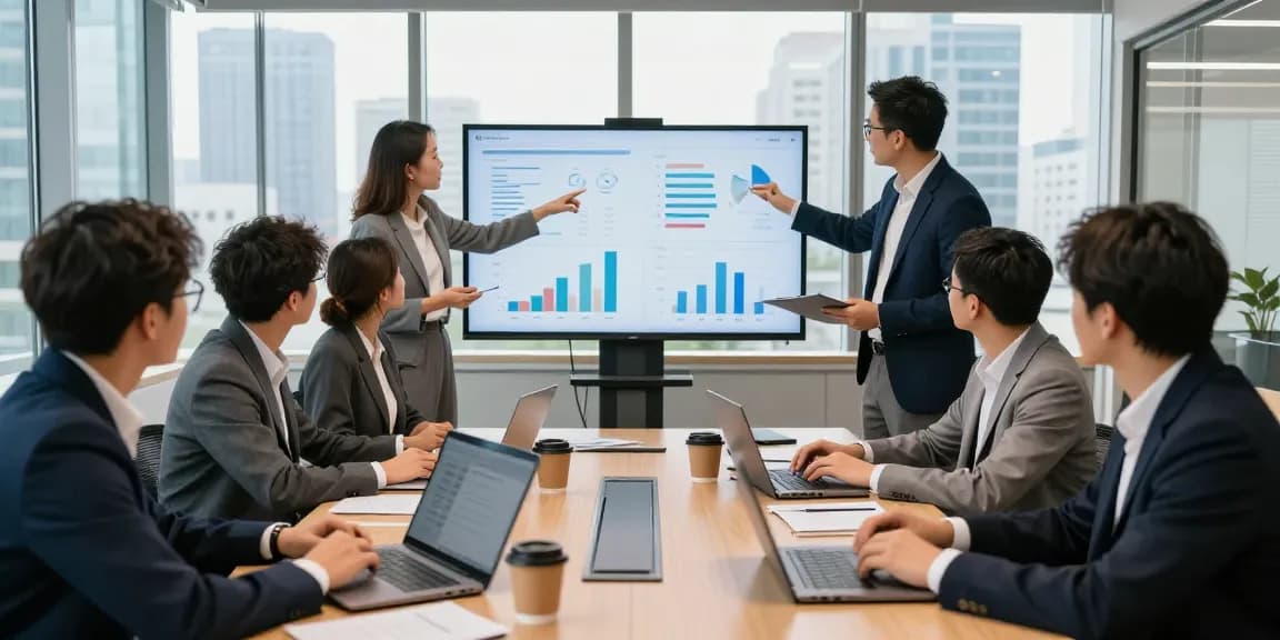 Dynamic meeting showcasing companies collaborating on strategies in a modern office