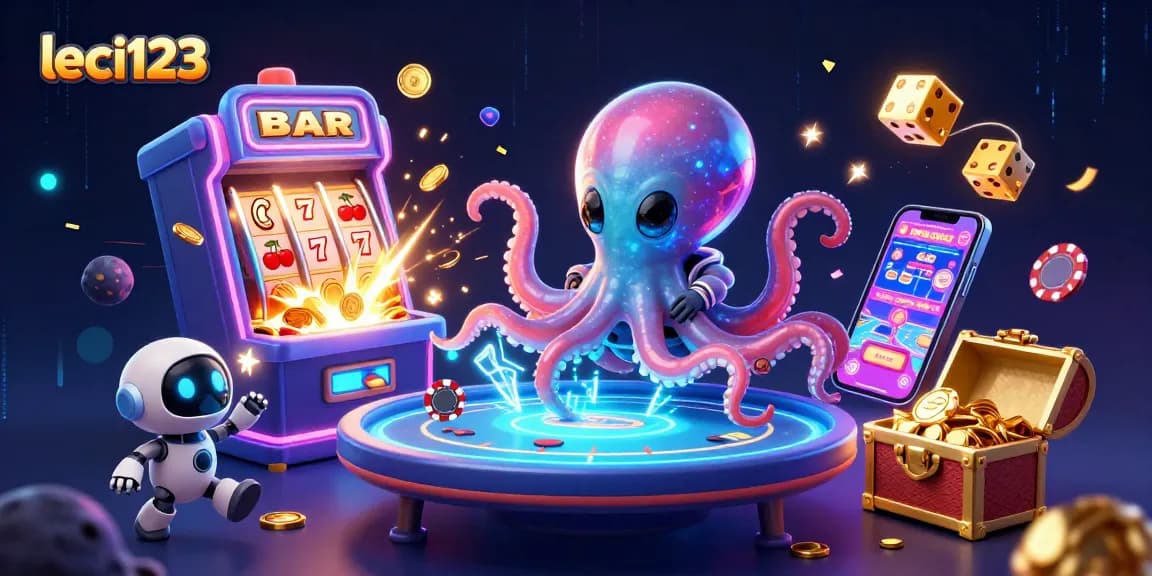 Engage with leci123's thrilling casino experience as an alien octopus plays poker amidst vibrant gaming elements.