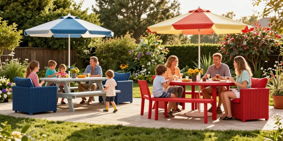 Experience a patio furniture sale with stylish dining sets and umbrellas in a vibrant outdoor setting.
