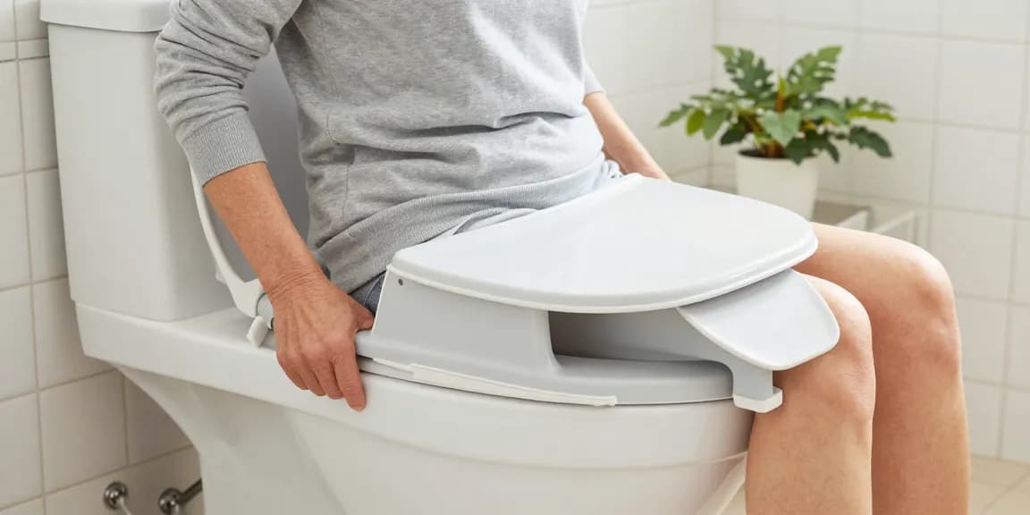 Senior utilizing a 座廁加高器 in a bright, accessible bathroom setting, emphasizing comfort and safety.