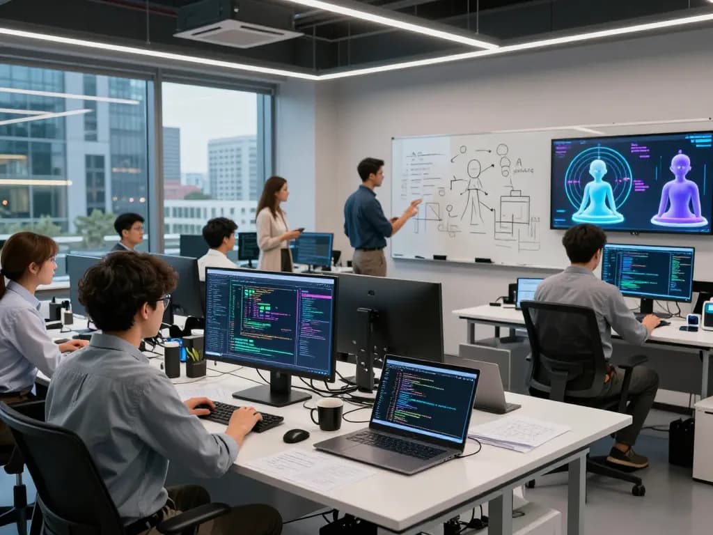 Collaborative tech workspace exploring ai sex technology with diverse researchers analyzing AI-generated data.