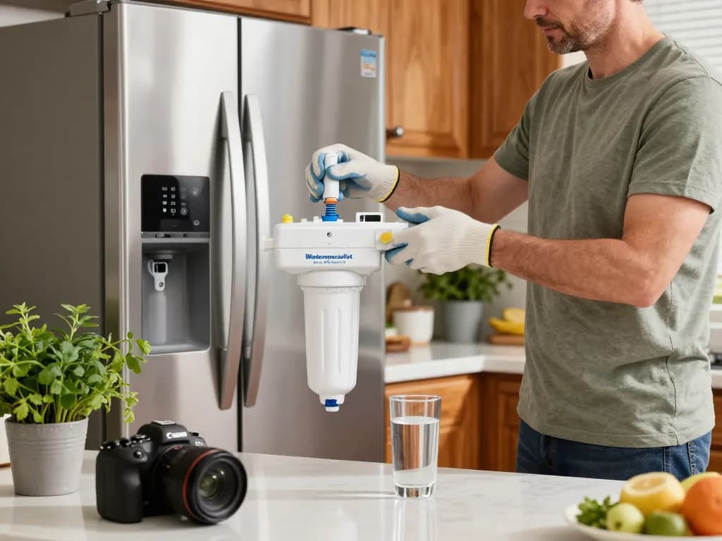 Replacing the Waterspecialist Replacement for GE® RPWFE® water filter in a modern kitchen, showcasing freshness and cleanliness.