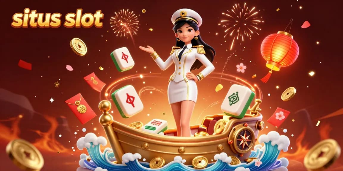 situs slot scene featuring a commanding Asian woman surrounded by golden coins, mahjong tiles, and festive elements.