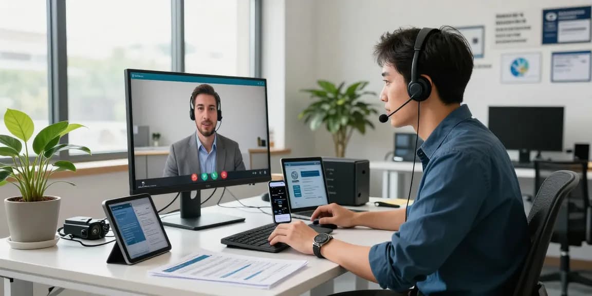 Telus-Technical-Support technician assisting a client remotely in a modern office setting with various tech devices.