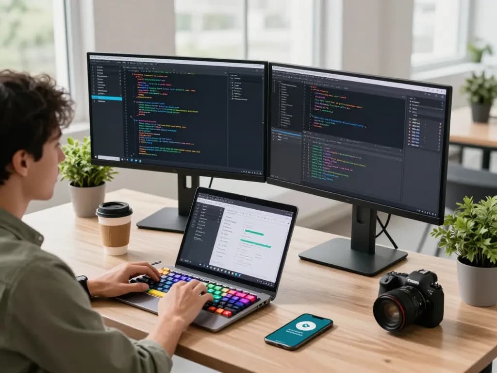 Developer using openclawd software in a bright office workspace, with dual monitors and design tools.