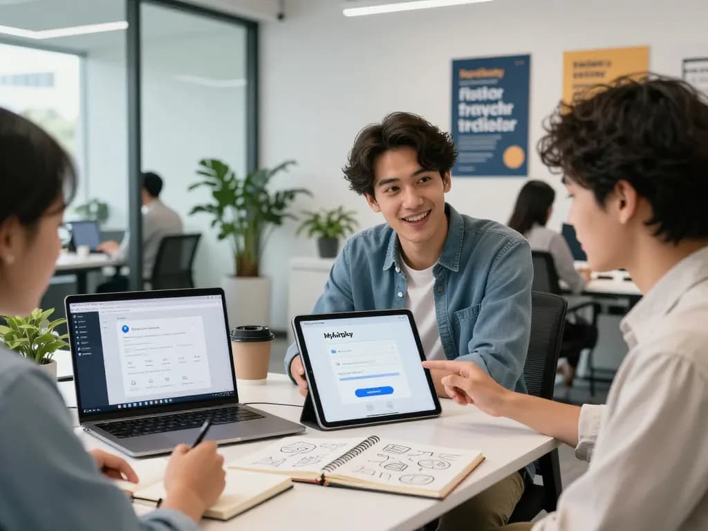 User navigating Myfairplay registration on a tablet in a modern fintech office environment, showcasing user experience and engagement.