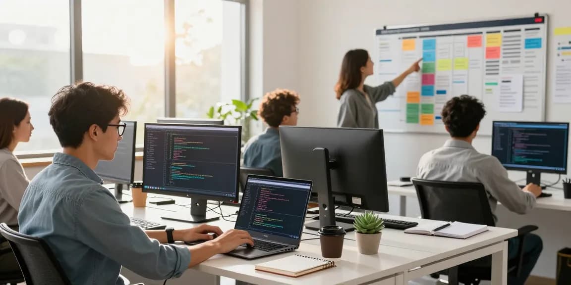 Collaborative workspace scene featuring developers working on 纸飞机中文版 project in a modern tech office.