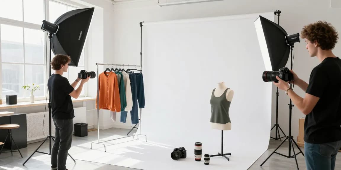 Fotografo ecommerce Milano in studio, scattando foto di prodotti con luce naturale e attrezzature professionali.