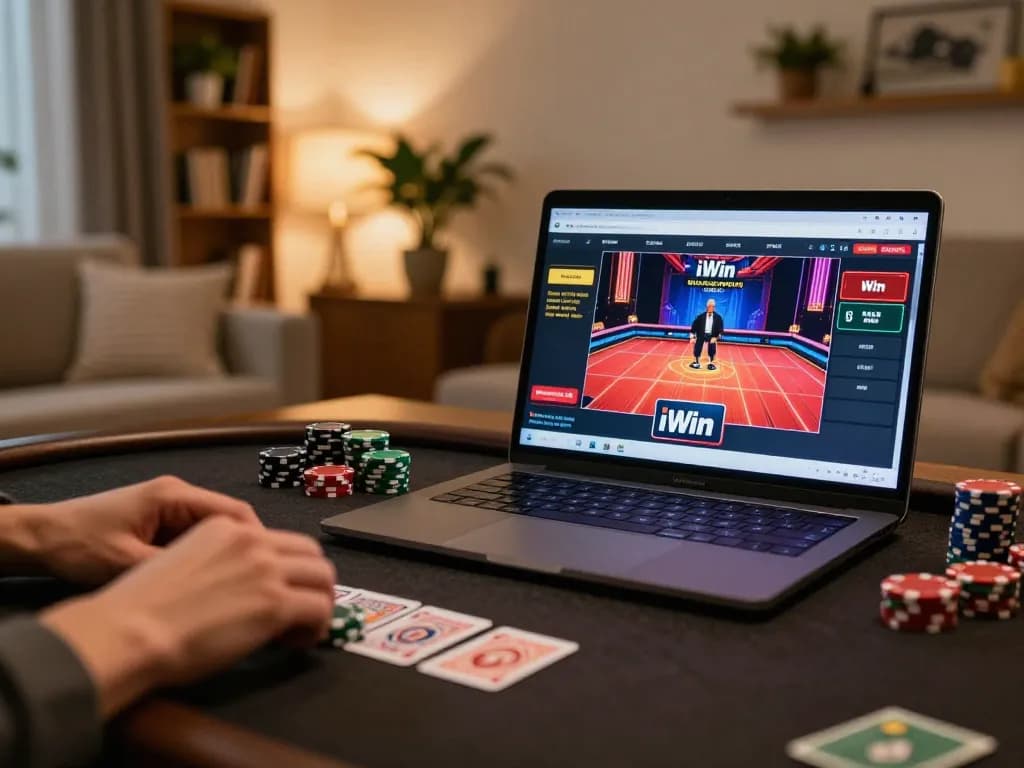 iWin casino user actively engaging in strategic gameplay from a cozy home environment