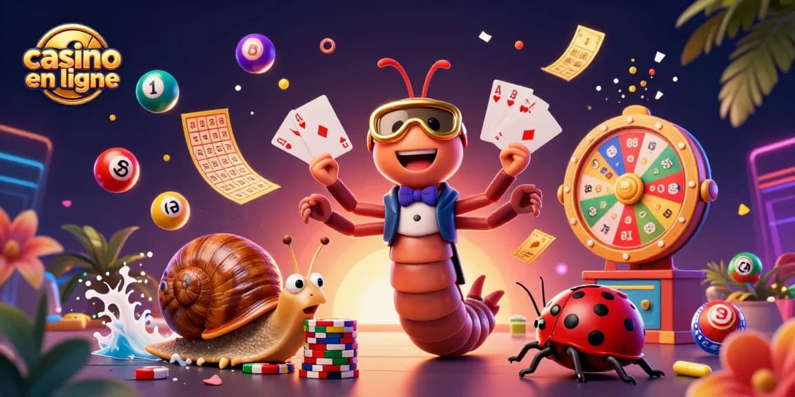 Jouez au casino en ligne avec des personnages animés, des cartes à jouer et des éléments colorés.