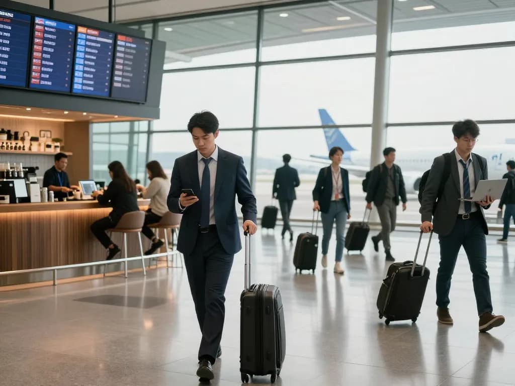 Business traveler at airport checking smartphone, representing 출장 experiences efficiently.