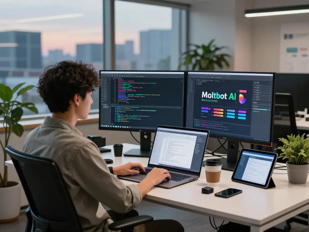 Moltbot AI developer working in modern workspace with dual monitors displaying code and design prototypes.