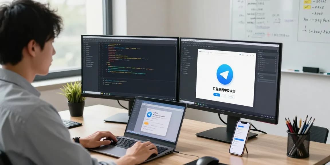 Developer working on Telegram Chinese update software in a modern tech workspace