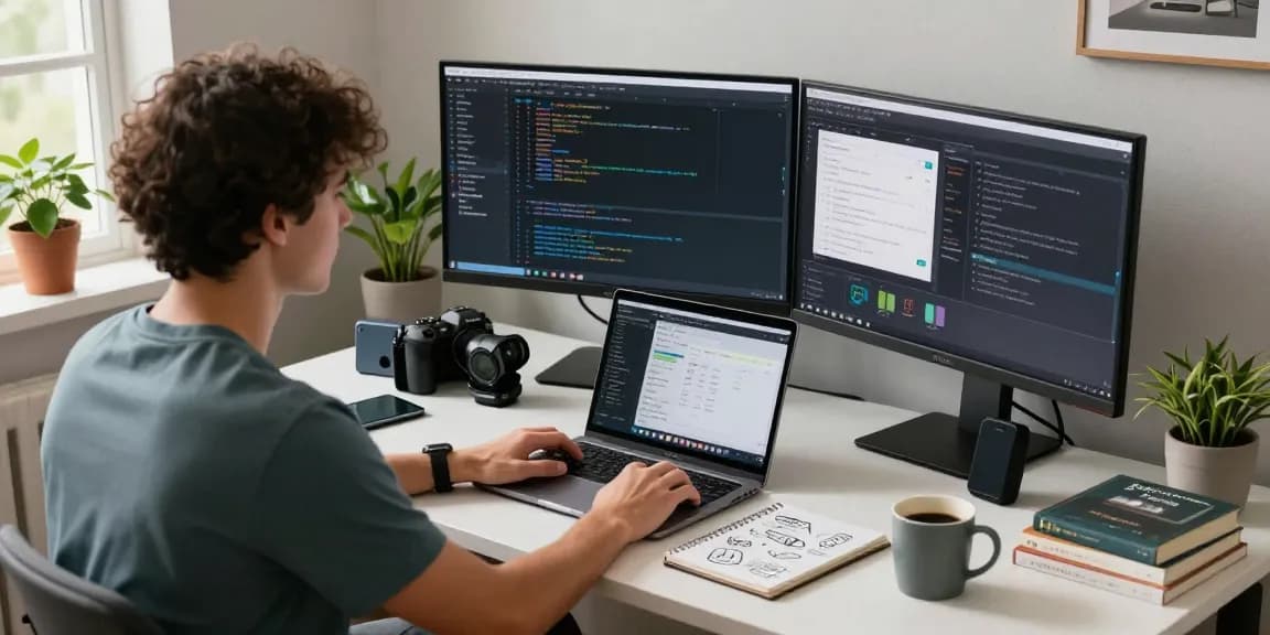 Software development at telegraimin.com office with coding displays, innovative tools, and a creative atmosphere.