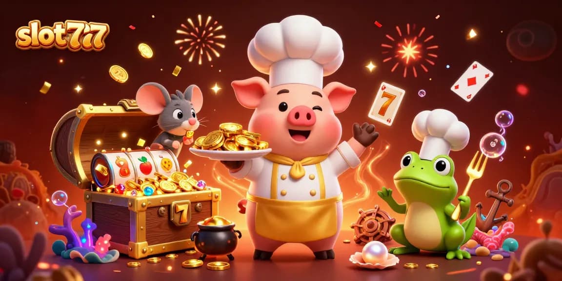 Experience exciting slot777 gameplay featuring a chef pig, mouse, and frog in a dynamic scene.