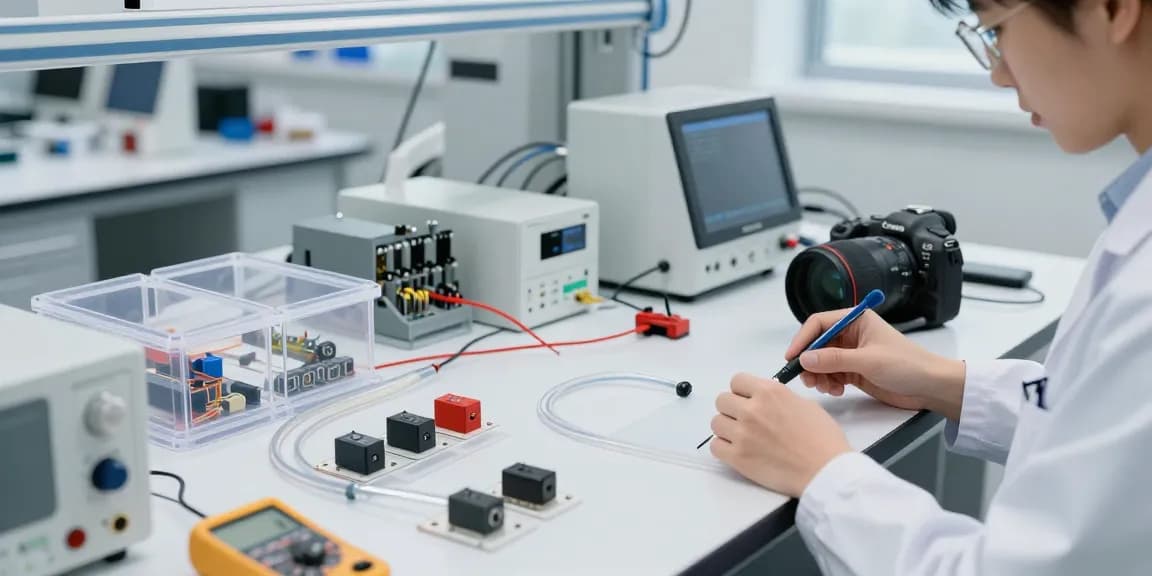 Engineer working with piezo switch prototypes in a modern design lab.