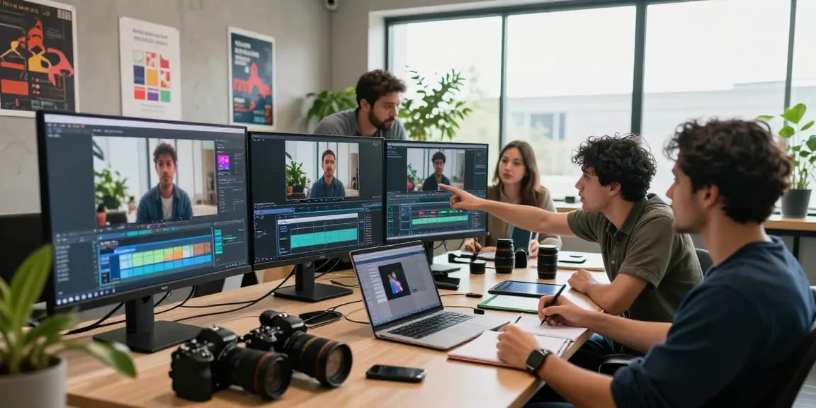 Team generating ai video prompts in a bright studio with video editing gear.