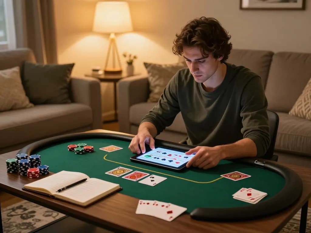 Player enjoying a poker game on Onbet from home, surrounded by chips and strategy notes.
