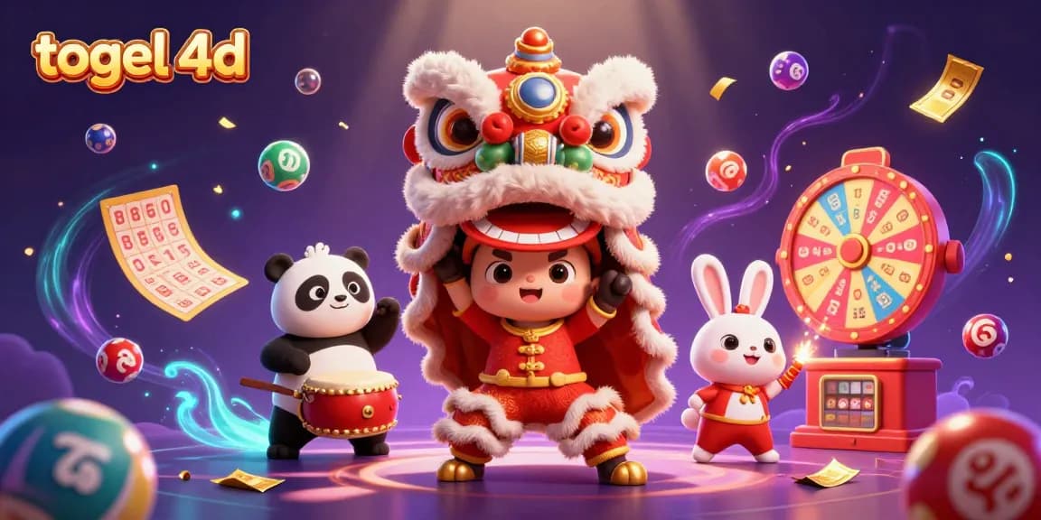 Menangkan togel 4D dengan suasana meriah dari lion dance, panda, dan kelinci di gambar penuh warna ini.