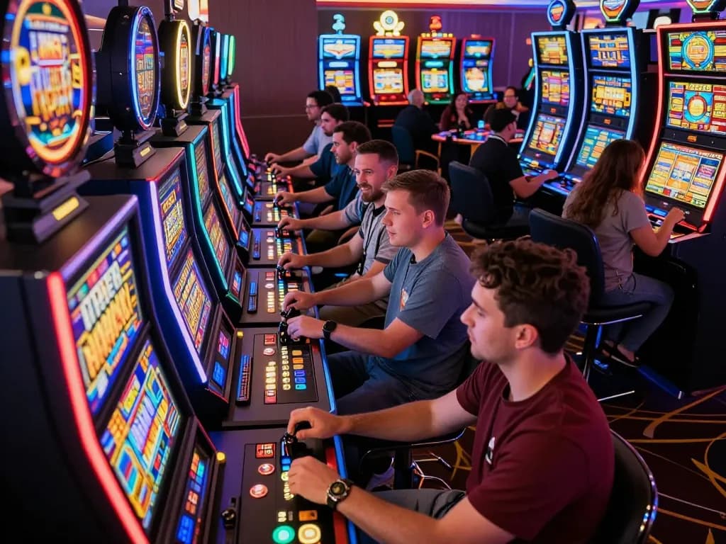 Players enjoying slot machines in a vibrant casino, fully engaged with colorful displays and excited atmosphere.