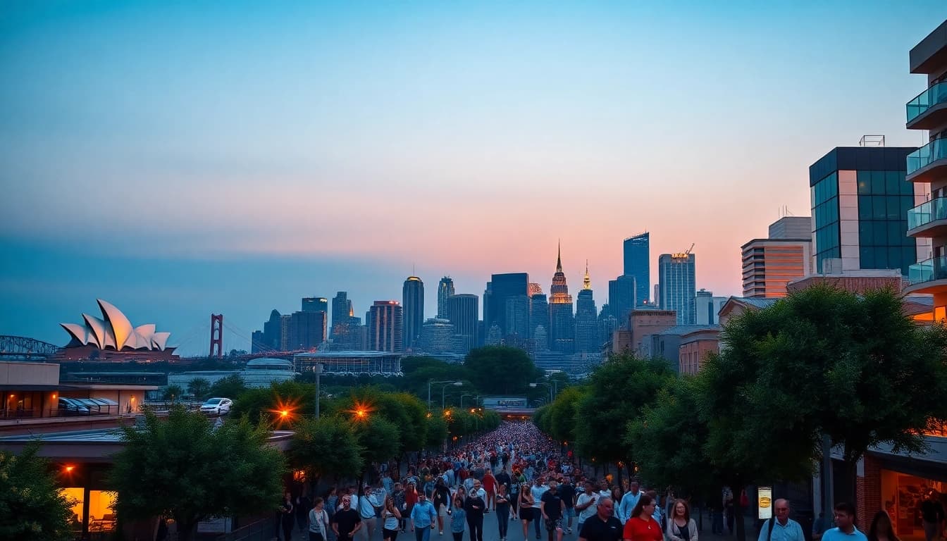 Explore vibrant Australian cityscape with iconic landmarks during sunset.