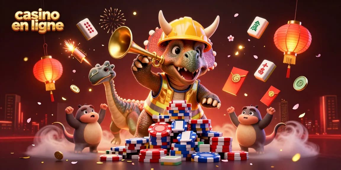Découvrez le casino en ligne avec un triceratops jouant avec des jetons de poker et des éléments festifs.