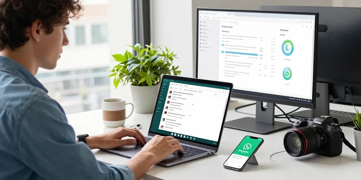 Professional using WhatsApp網頁版 in a modern office setting with tech devices and natural light.