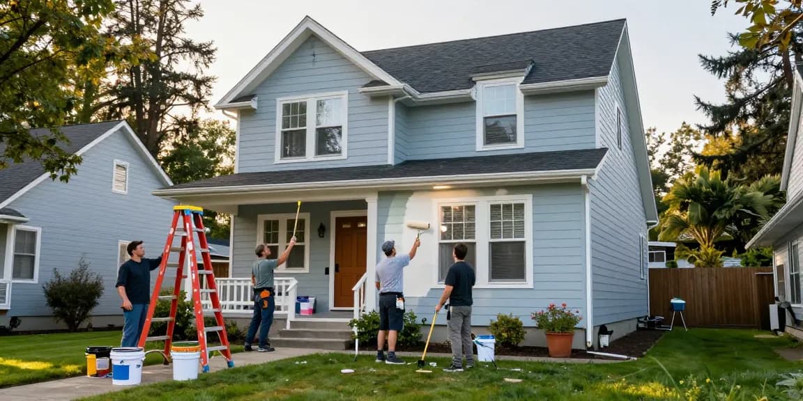 Portland painters expertly applying fresh paint on a home exterior in a sunny neighborhood.