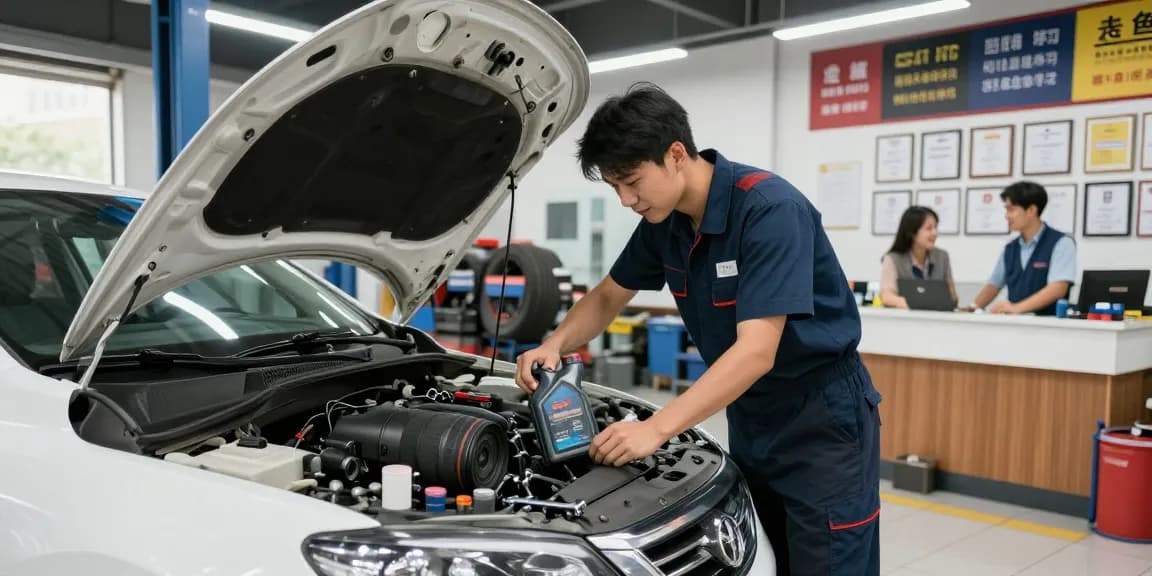 Expert mechanic performing a car service and repair, showcasing a professional automotive maintenance environment.