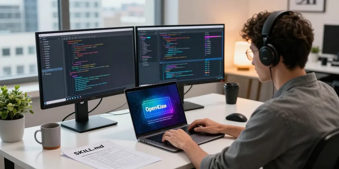 OpenClaw skills setup in a modern tech workspace showcasing code and configuration.