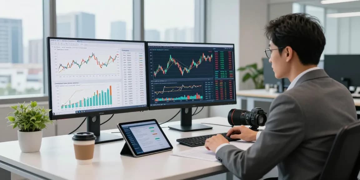 Financial analyst at a modern office analyzing trends with Third Eye Capital reports on dual monitors.