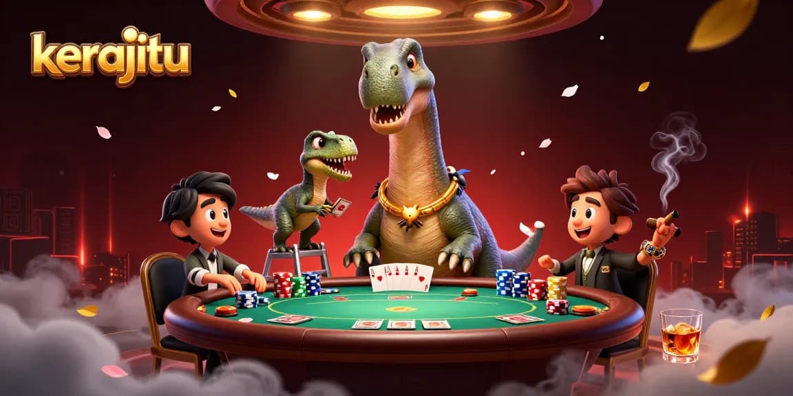 Gambarkan kerajitu dengan brontosaurus besar dan raptor ramah di meja poker yang ramai.