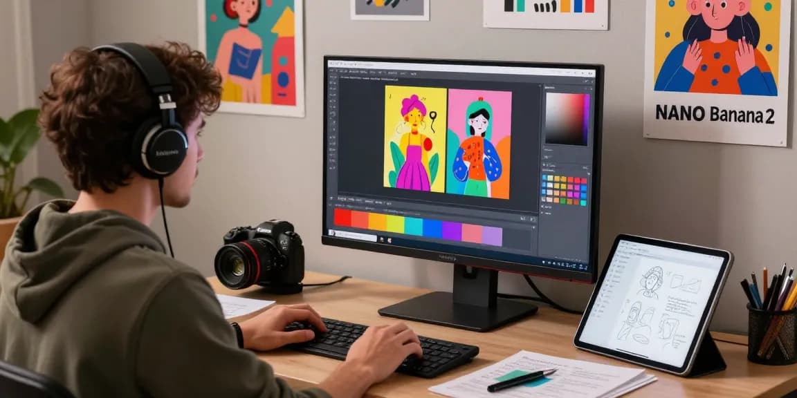 Designer using Nano Banana 2 for AI image editing in a vibrant digital workspace.