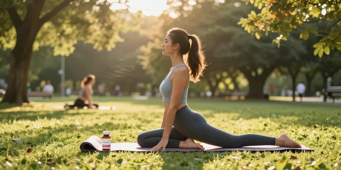 Woman practicing yoga outdoors with premium astaxanthin supplements, promoting health and wellness.