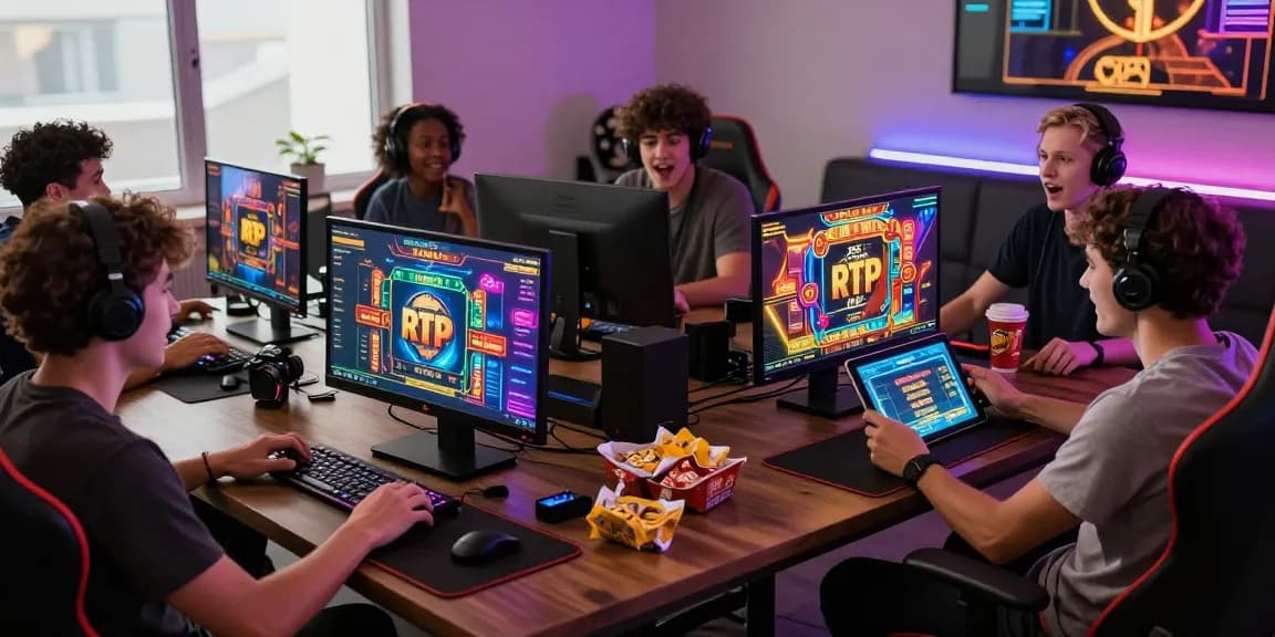 Penggemar rtp slot bermain bersama di ruang gaming yang ceria.