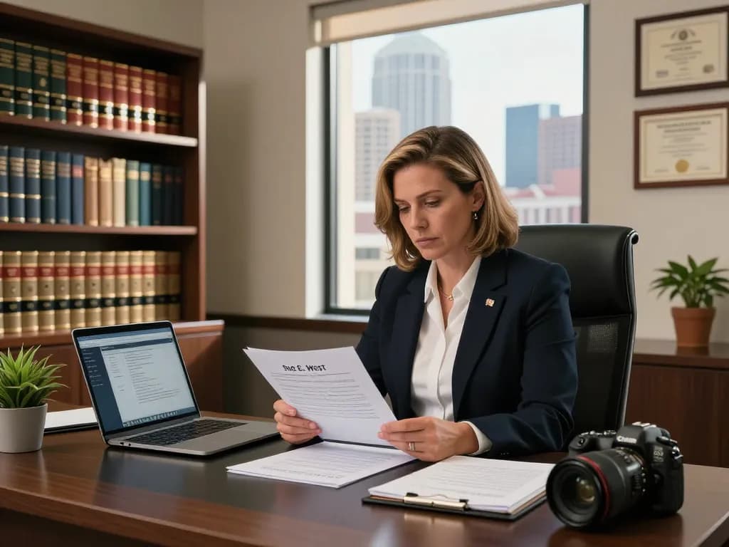 Houston Personal Injury Attorney Sue E. West focused on case files in a professional office setting, showcasing her dedication to clients.