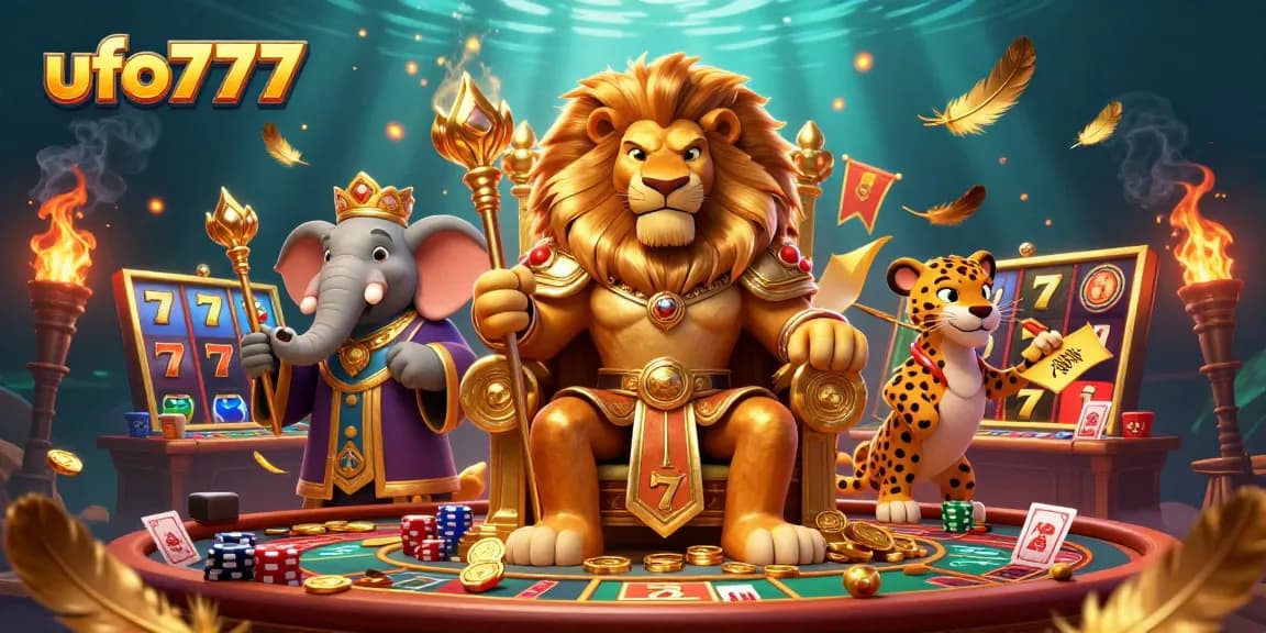 Engage with thrilling games at ufo777, featuring majestic lion king on a gold coin throne.