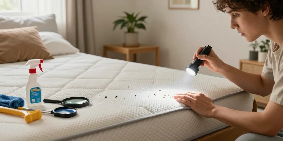 Focused inspection for bed bug treatment in a cozy bedroom setting, highlighting essential cleaning tools.