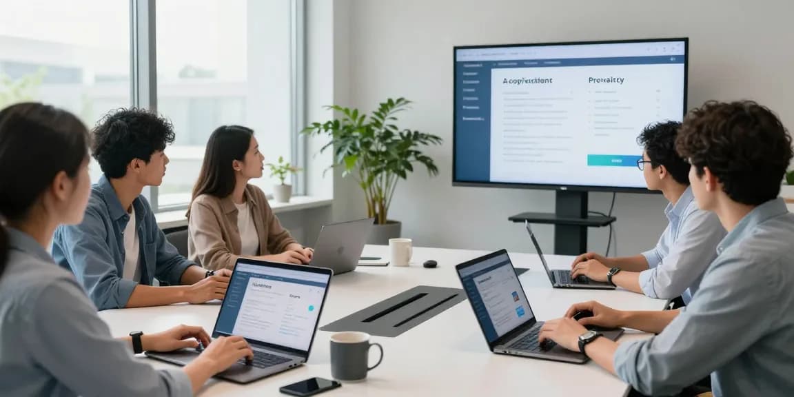 Team discussing age verification system strategies in a modern workspace.