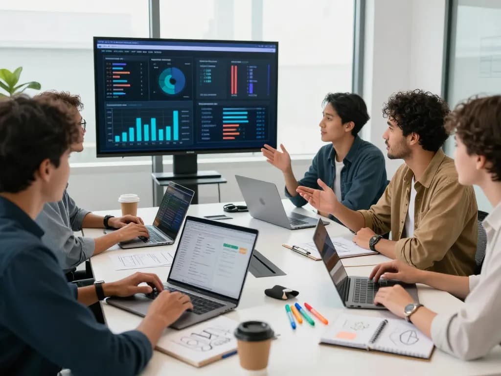 Team collaborating using group buy SEO tools in a vibrant digital marketing workspace.