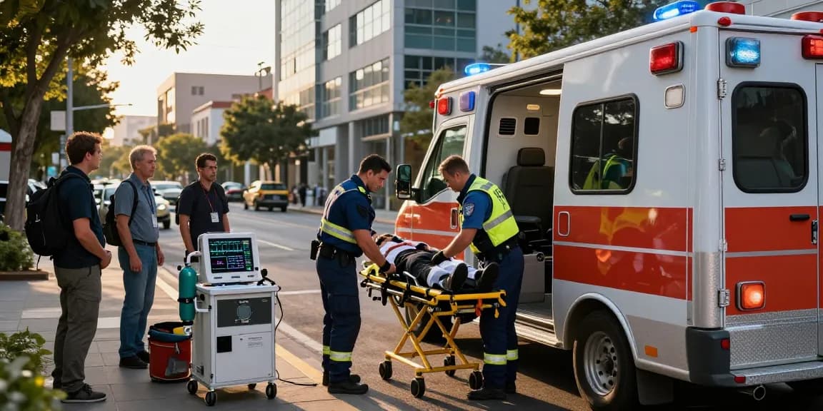 Paramedics providing emergency care with équipement paramedic on city street.