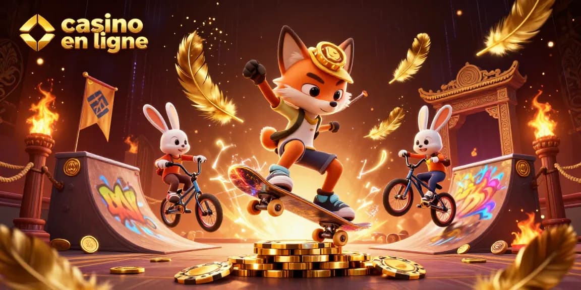 Casino en ligne : illustration d'un renard skater et d'un lapin BMX au milieu de jetons d'or.
