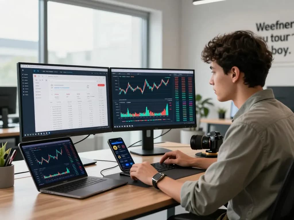 Professional analyzing crypto earning platform data in a modern finance workspace with dual screens and motivational decor.