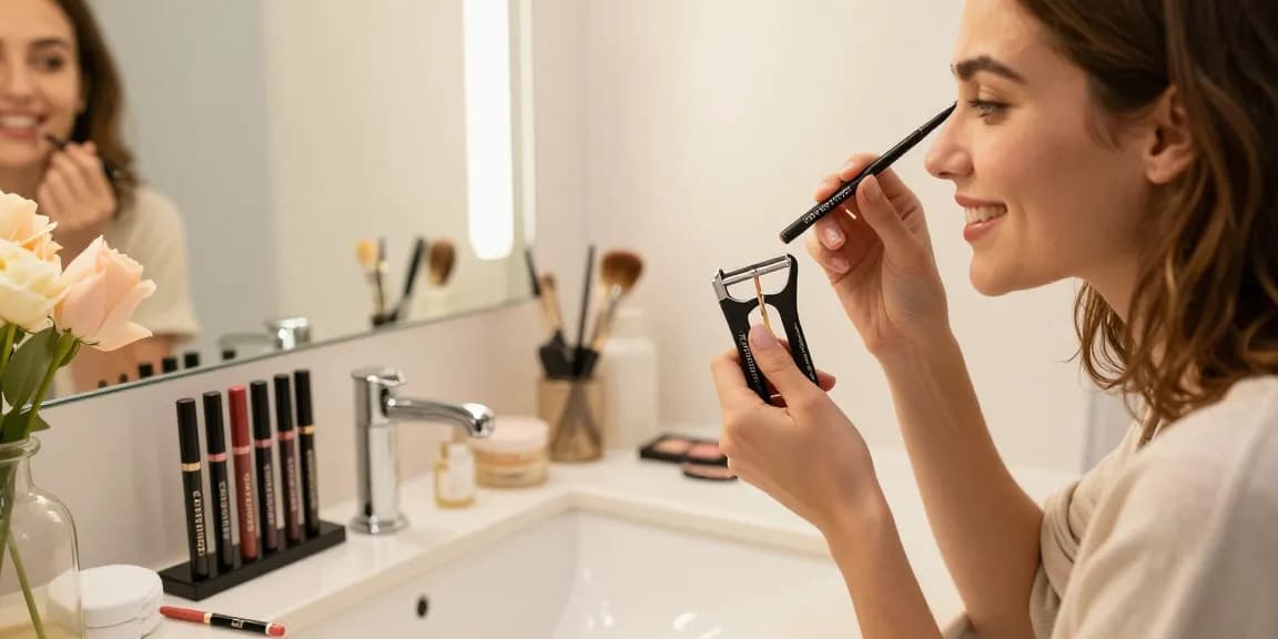 Woman using a cosmetic pencil sharpener while applying natural makeup in a beautifully arranged bathroom vanity.