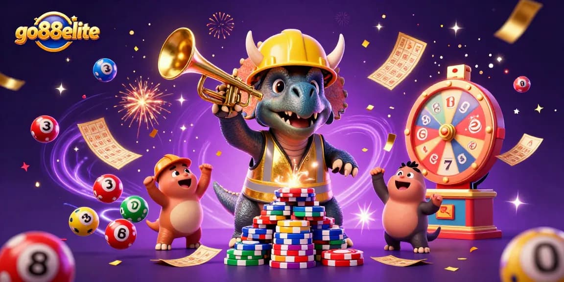 Celebrate with go88elite as a triceratops builds a poker chip pyramid amidst vibrant casino-themed elements.