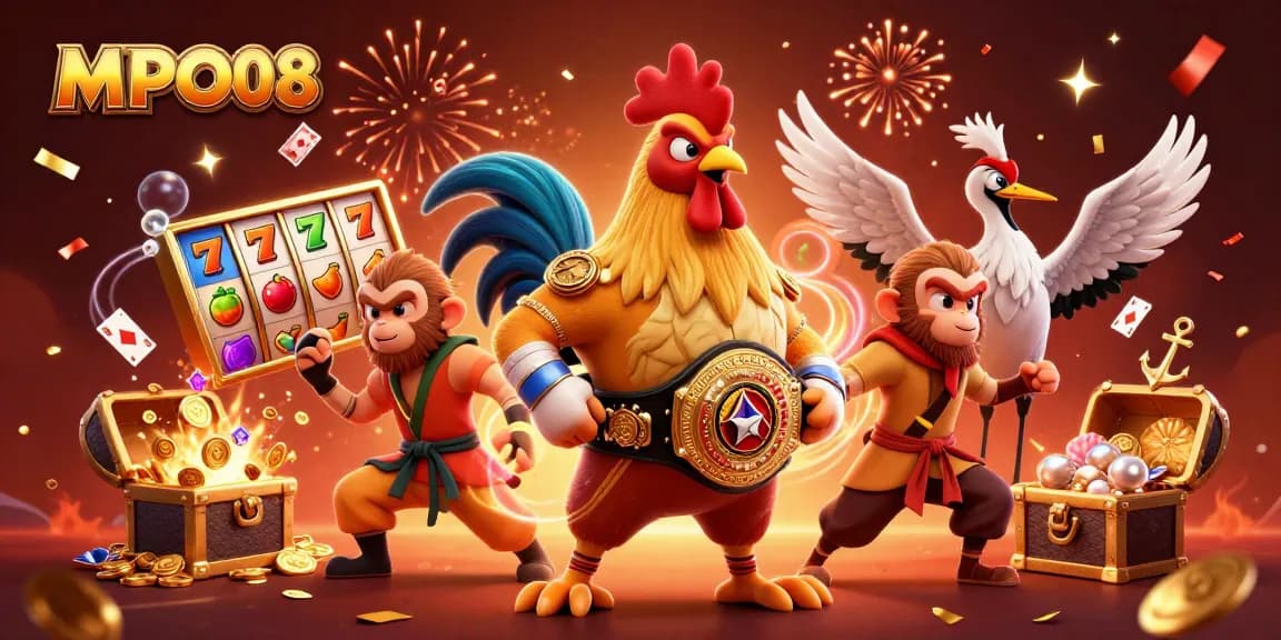MPO08 showcases an engaging scene of a fierce rooster, Shaolin monkey, and wise crane amidst lively slot gaming elements.