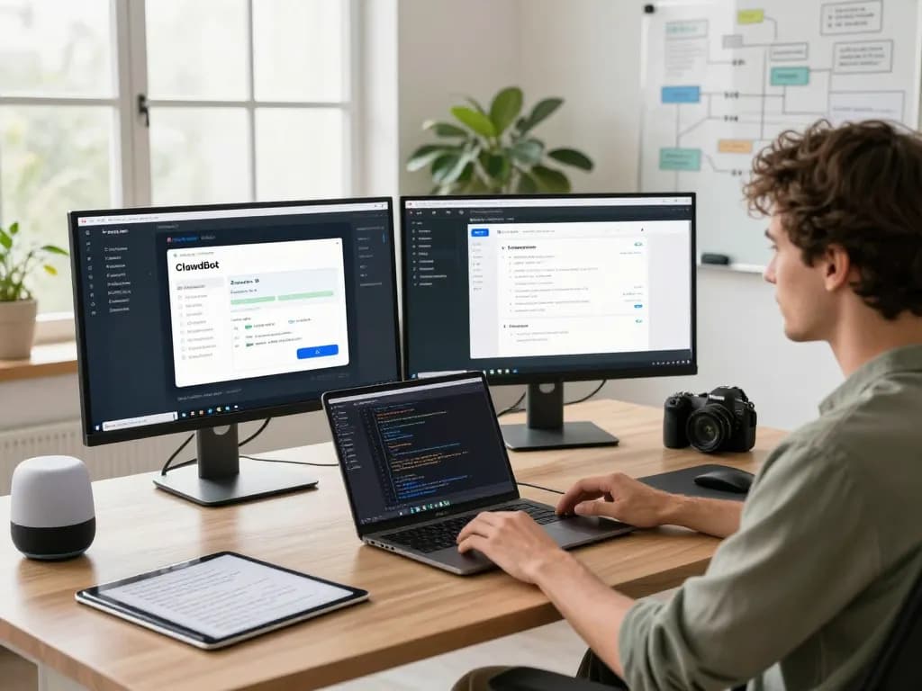 Person using Clawdbot AI assistant on dual monitors in a modern workspace.