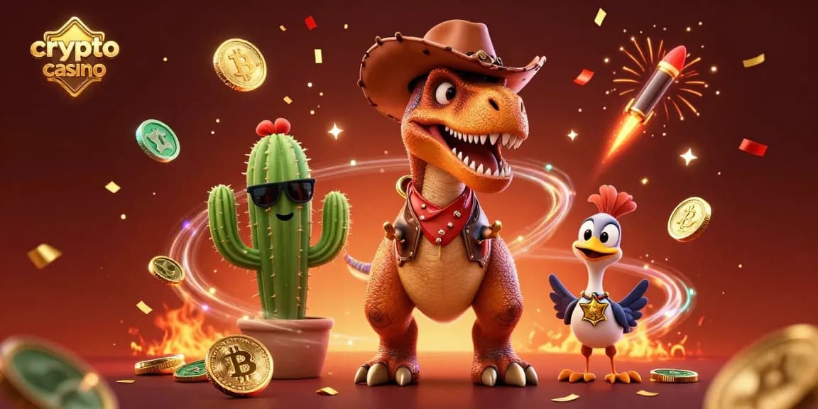 Profitez de l'expérience d'un casino crypto avec des personnages cartoon dans une scène festive.