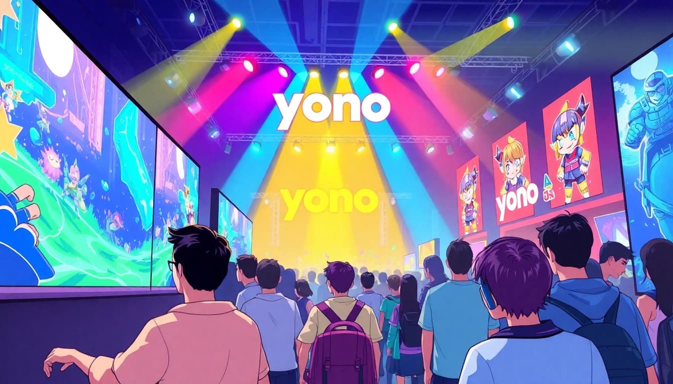 Engaged players enjoying the yono game at a vibrant gaming event with colorful displays.